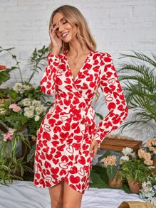 SHEIN VCAY Allover Print Knot Side Wrap Dress - Red - View 4