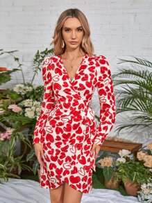 SHEIN VCAY Allover Print Knot Side Wrap Dress - Red - View 6