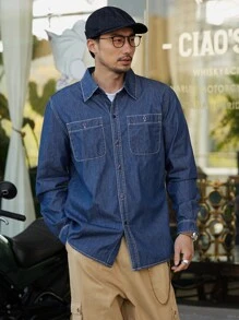 DAZY Men Solid Button Through Denim Shirt - Medium Wash - View 5
