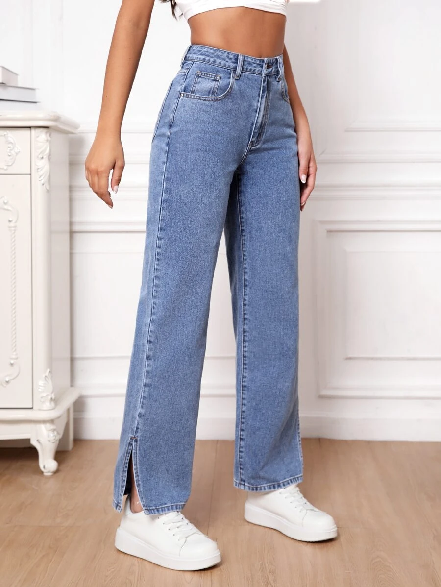 SHEIN Essnce Split Hem Straight Leg Jeans | SHEIN USA