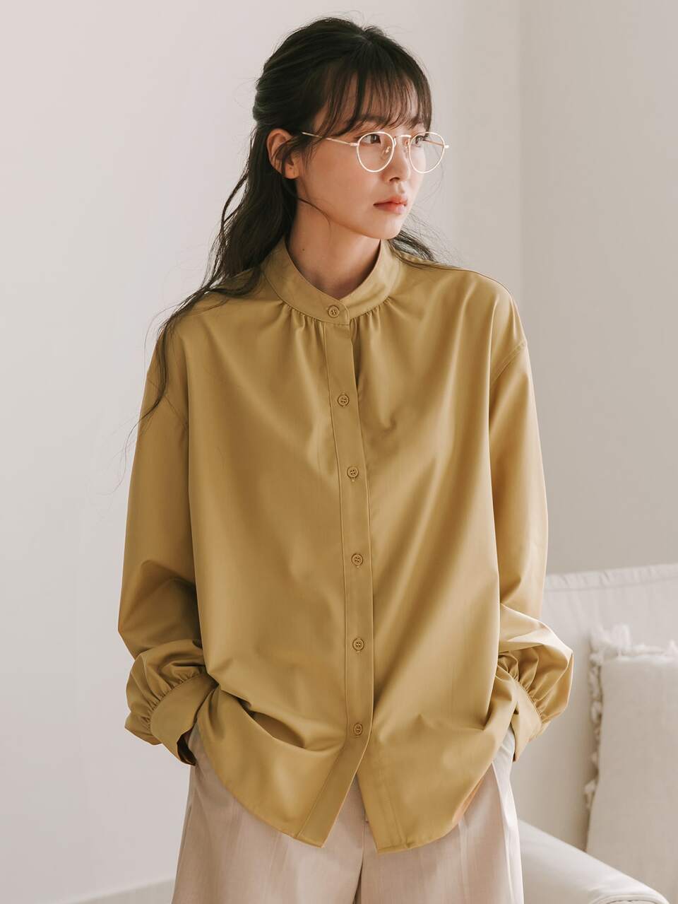 Solid Button Front Bishop Sleeve Shirt