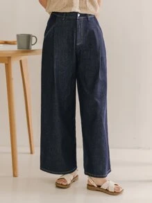 DAZY 高腰闊腿牛仔褲 - 中等水洗藍 - 查看 3
