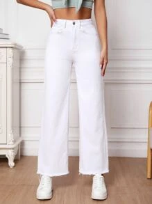 SHEIN Essnce 高腰毛邊闊腿牛仔褲 - 白色 - 查看 1