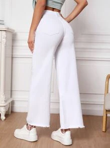 SHEIN Essnce 高腰毛邊闊腿牛仔褲 - 白色 - 查看 2