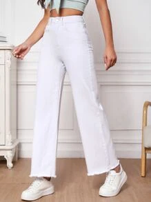 SHEIN Essnce 高腰毛邊闊腿牛仔褲 - 白色 - 查看 3