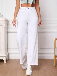 SHEIN Essnce 高腰毛邊闊腿牛仔褲 - 白色 - 查看 4