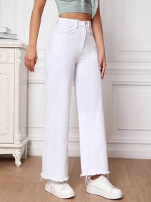 SHEIN Essnce 高腰毛邊闊腿牛仔褲 - 白色 - 查看 5