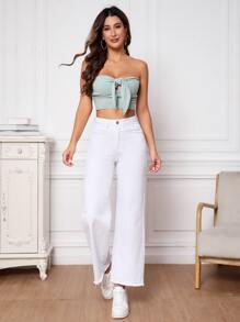 SHEIN Essnce 高腰毛邊闊腿牛仔褲 - 白色 - 查看 6