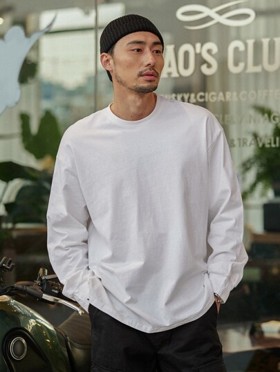 DAZY Men Cotton Drop Shoulder Solid Tee, Fall Long Sleeve Top