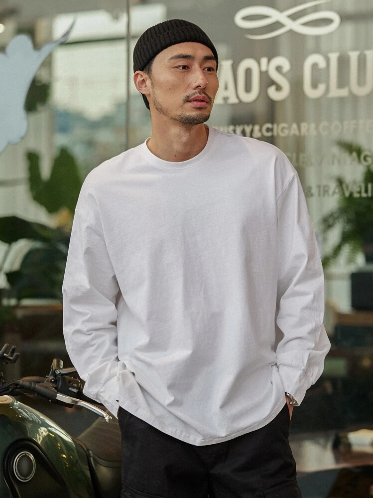 DAZY メンズ コットン ドロップショルダー 無地Tシャツ、秋 長袖