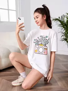 SHEIN Teen Girls Camera & Floral Print Drop Shoulder Tee