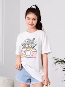 SHEIN Teen Girls Camera & Floral Print Drop Shoulder Tee