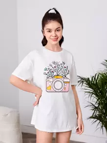 SHEIN Teen Girls Camera & Floral Print Drop Shoulder Tee