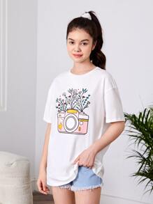 SHEIN Teen Girls Camera & Floral Print Drop Shoulder Tee