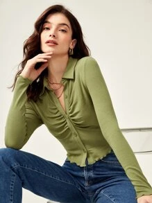 BizChic Button Front Ruched Detail Lettuce Trim Tee - Olive Green - View 1