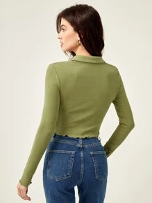 BizChic Button Front Ruched Detail Lettuce Trim Tee - Olive Green - View 2