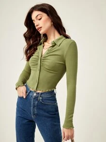 BizChic Button Front Ruched Detail Lettuce Trim Tee - Olive Green - View 3