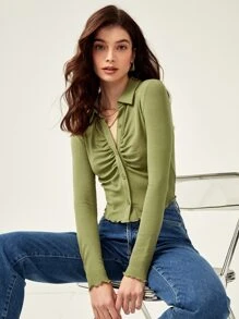 BizChic Button Front Ruched Detail Lettuce Trim Tee - Olive Green - View 4