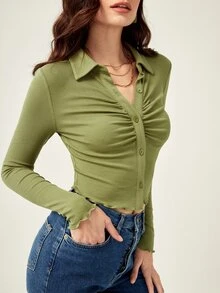 BizChic Button Front Ruched Detail Lettuce Trim Tee - Olive Green - View 6
