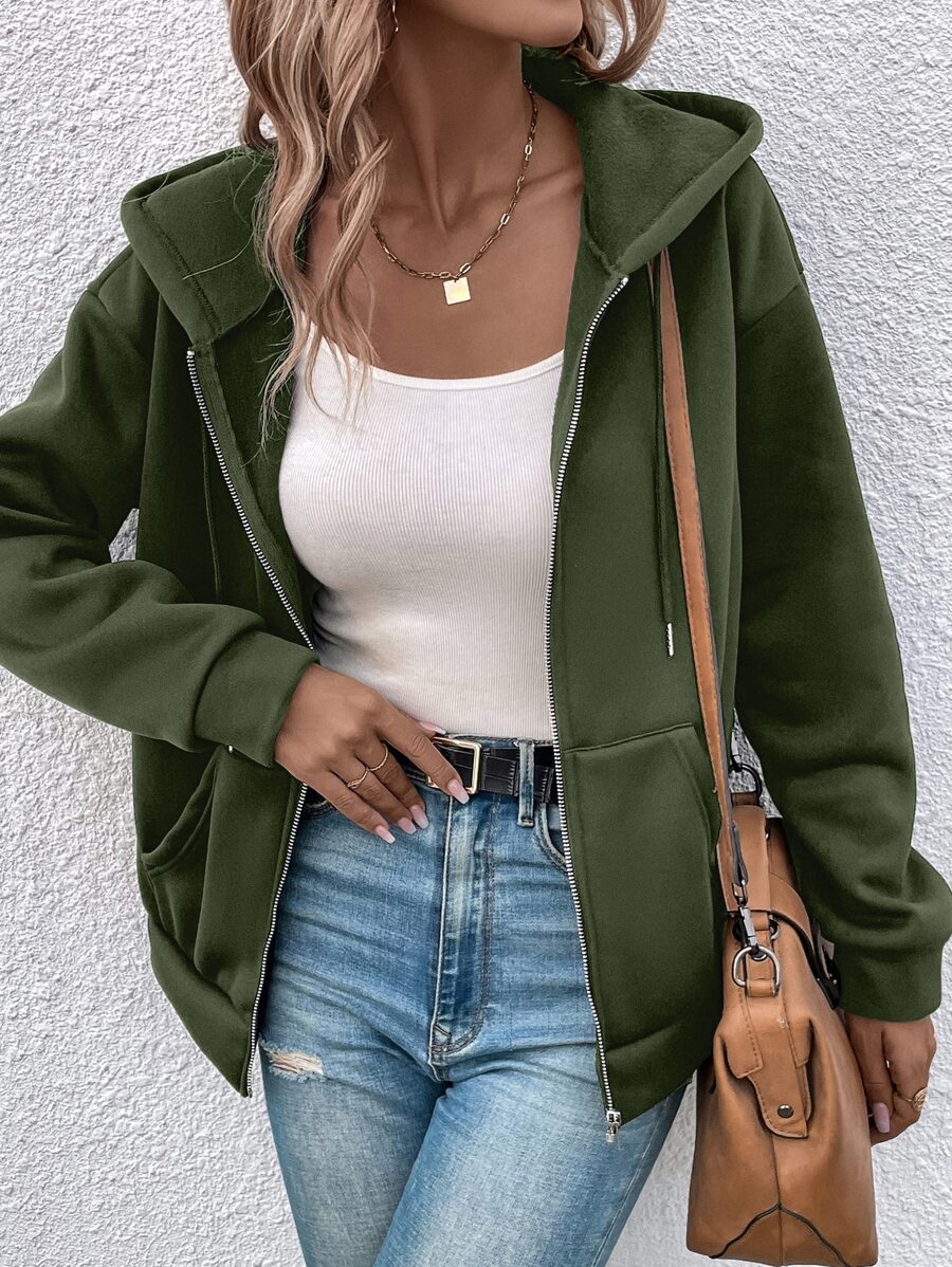 SHEIN LUNE Cazadora unicolor con cremallera con cordón con capucha - Verde militar - Ver 1