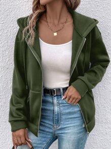 SHEIN LUNE Áo khoác nữ Dây kéo Túi màu trơn Giải trí - xanh quân đội - Xem 3