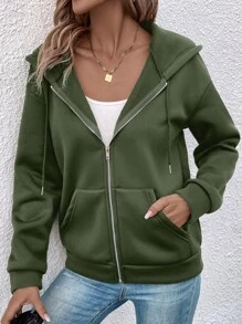 SHEIN LUNE Áo khoác nữ Dây kéo Túi màu trơn Giải trí - xanh quân đội - Xem 5