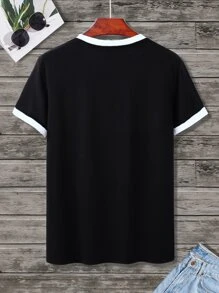 Manfinity Hombres Camiseta con estampado de letra ribete en contraste - Negro - Ver 2