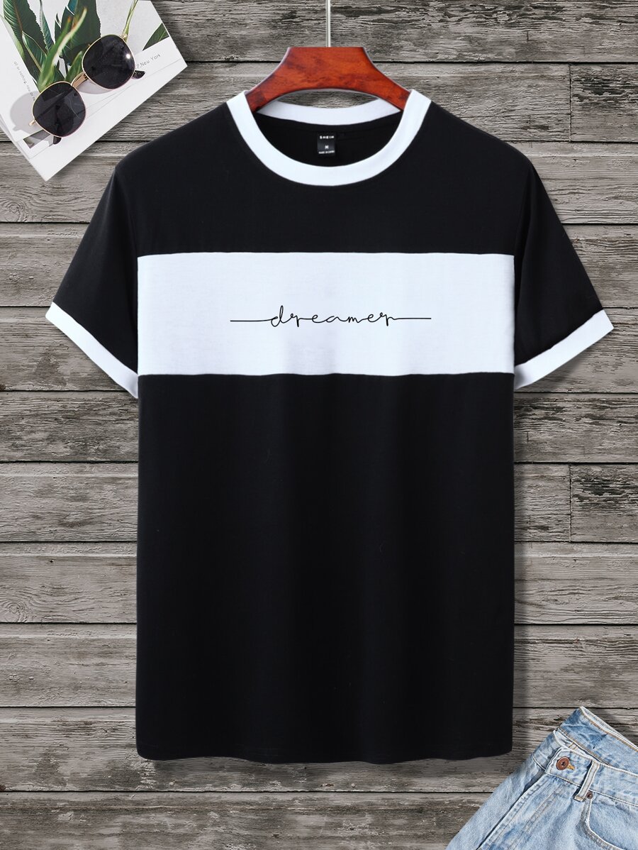 Manfinity Hombres Camiseta con estampado de letra ribete en contraste - Negro - Ver 1
