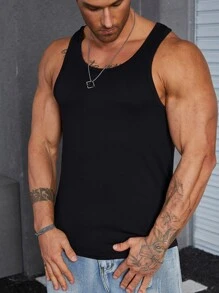 Manfinity Homme 男士純色背心無袖純黑休閒背心 - 黑色 - 查看 1