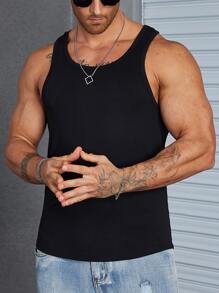 Manfinity Homme 男士純色背心無袖純黑休閒背心 - 黑色 - 查看 5