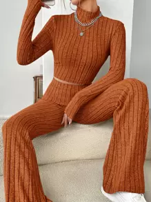 SHEIN EZwear 小高領短款T恤和喇叭褲 - 亮橙色 - 查看 1