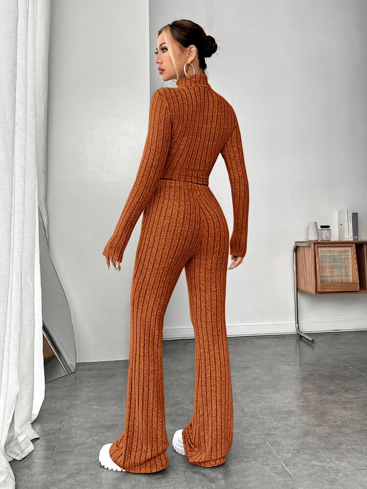 SHEIN EZwear 小高領短款T恤和喇叭褲 - 亮橙色 - 查看 2