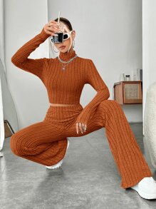 SHEIN EZwear 小高領短款T恤和喇叭褲 - 亮橙色 - 查看 4