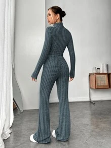 SHEIN EZwear Mock Neck Crop Tee & Flare Leg Pants - Dusty Blue - View 2