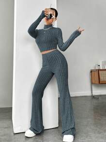 SHEIN EZwear Mock Neck Crop Tee & Flare Leg Pants - Dusty Blue - View 4