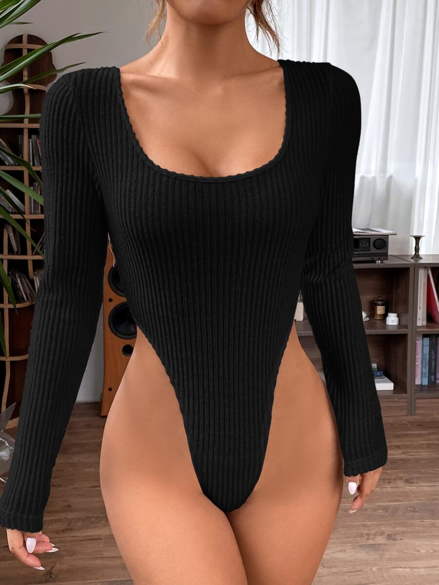 SHEIN BAE Scoop Neck High Cut Bodysuit - Black - View 1