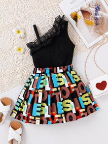 SHEIN 小女童不對稱領上衣和字母圖案半身裙