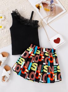 SHEIN 小女童不對稱領上衣和字母圖案半身裙