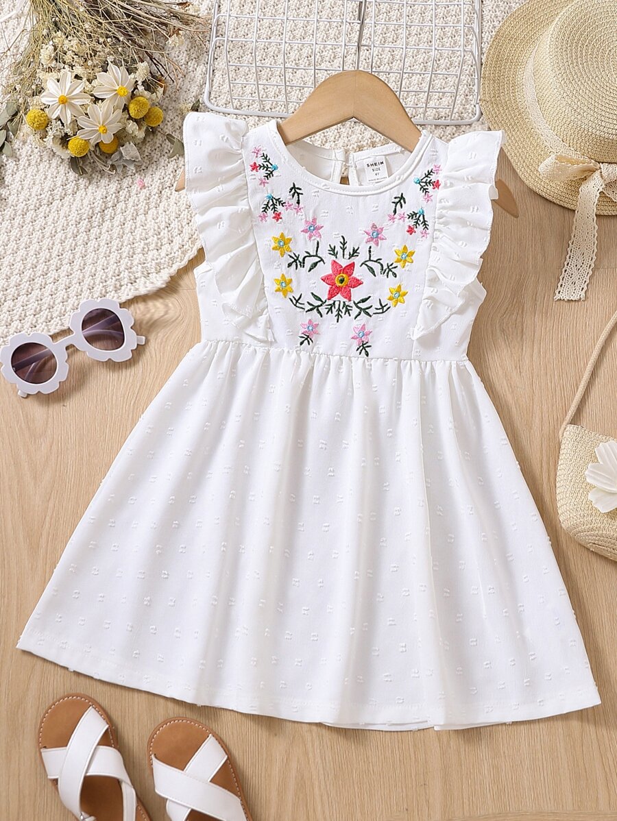 Toddler Girls Floral Embroidery Swiss Dot Ruffle Trim Dress - White - View 1