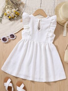 Toddler Girls Floral Embroidery Swiss Dot Ruffle Trim Dress - White - View 2