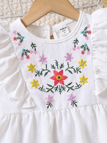 Toddler Girls Floral Embroidery Swiss Dot Ruffle Trim Dress - White - View 5