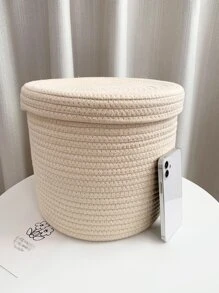 1pc Beige Desktop Storage Basket With Lid, Minimalist Polyester Woven Storage Basket For Home - Beige - View 5