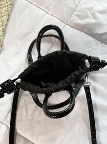 Mini Crocodile Embossed Bucket Bag - Black - View 4