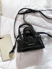 Mini Crocodile Embossed Bucket Bag - Black - View 6