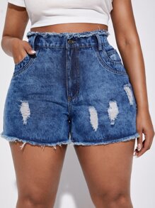 SHEIN SXY 大碼紙袋腰破洞毛邊牛仔短褲 - 中等水洗藍 - 查看 4