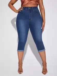 SHEIN SXY 大碼高腰卷邊緊身牛仔褲 - 深色水洗藍 - 查看 1