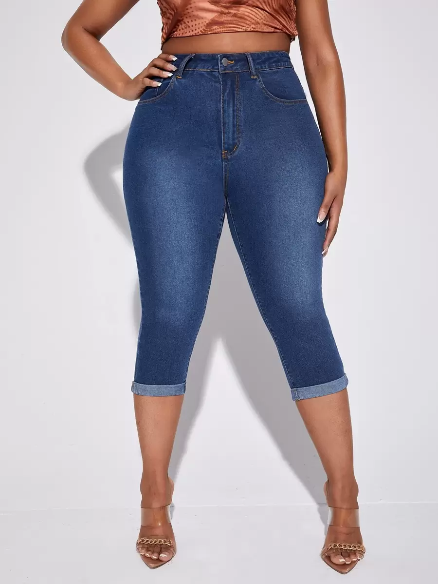 SHEIN SXY 大碼高腰卷邊緊身牛仔褲 - 深色水洗藍 - 查看 1