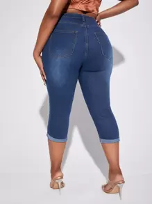 SHEIN SXY 大碼高腰卷邊緊身牛仔褲 - 深色水洗藍 - 查看 2