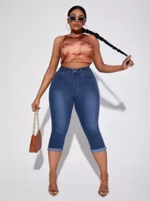 SHEIN SXY 大碼高腰卷邊緊身牛仔褲 - 深色水洗藍 - 查看 3