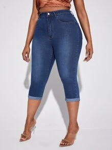 SHEIN SXY 大碼高腰卷邊緊身牛仔褲 - 深色水洗藍 - 查看 4